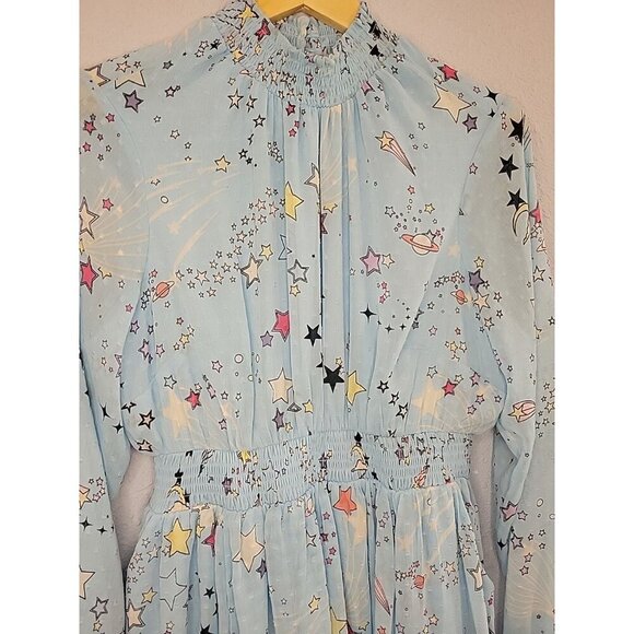 TORRID Mini Clipdot Blouson Sleeve Mock Neck Skater Dress Size 00 Baby Blue Star - Picture 3 of 8